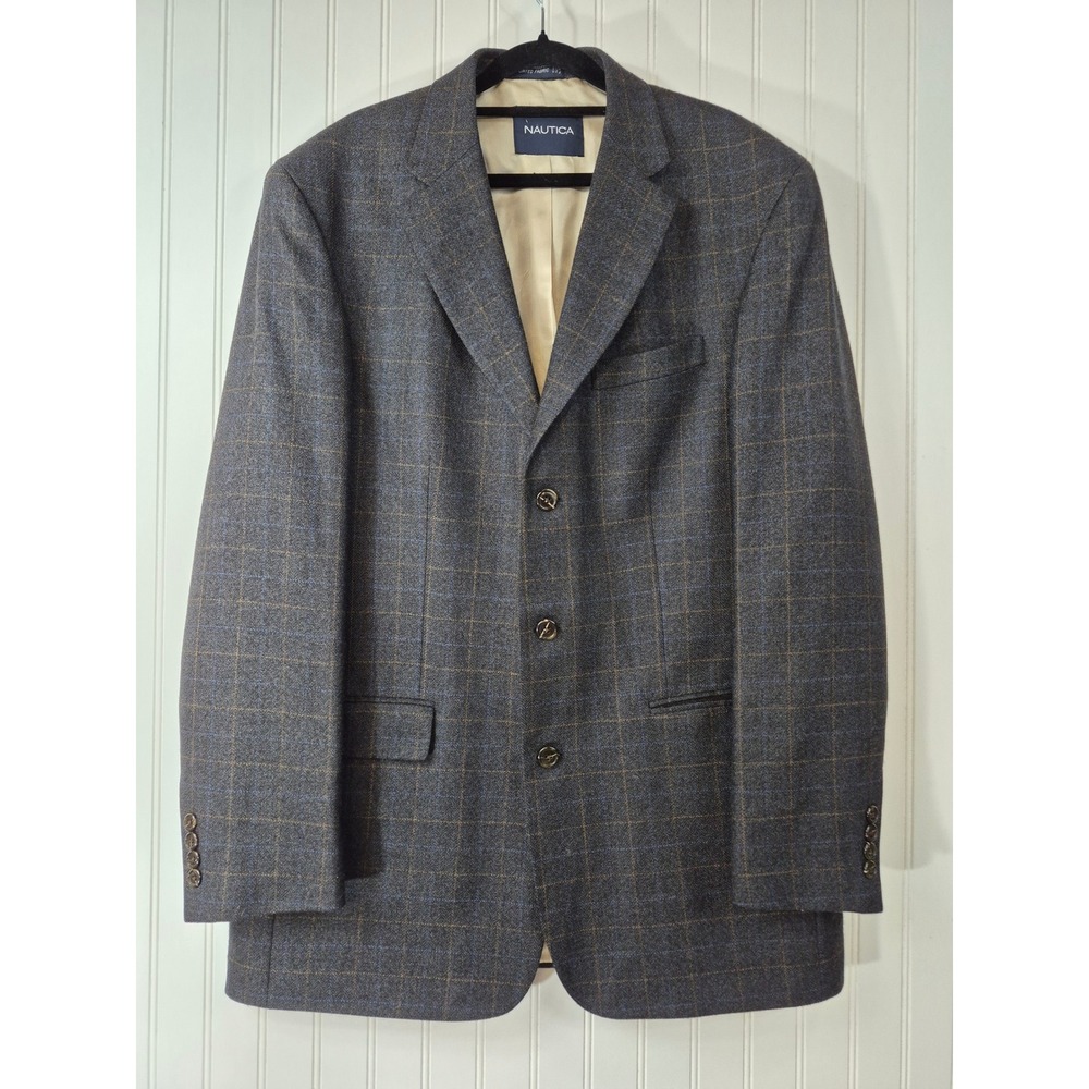 Nautica Mens Blazer 42L Wool Cashmere Grey Windowpane Check Sport Coat Preppy